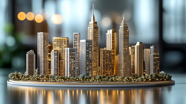 futuristic cityscape model featuring holographic elements and advanced technology, symbolizing progress, innovation, and the merging of digital and physical worlds in a modern urban environment