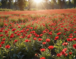 Field of vibrant red wildflowers with sunlight filtering through , nature, sun, red flowers