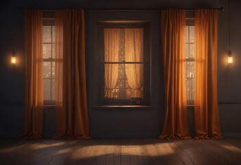 Darkened windows with glowing orange lights and festive curtains, home, curtains