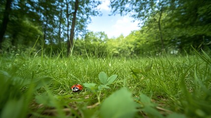 A close-up of a ladybug on grass in a lush, green forest.