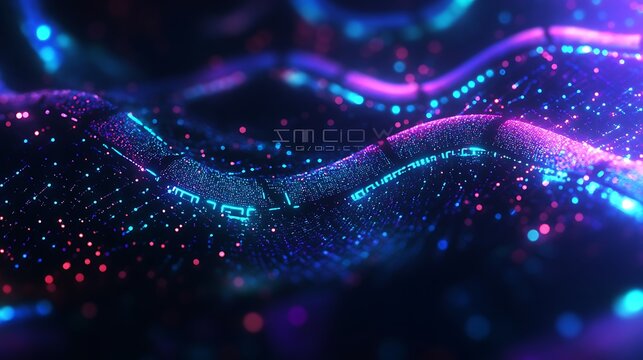 Abstract Digital Waveform: Glowing Neon Particles and Binary Code in a Dynamic 3D Render