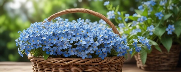 Fototapeta premium Forget me nots in a rattan basket with a blurred background, garden decoration, rattan basket