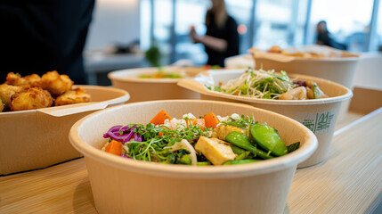 Fresh and colorful meals served in biodegradable bowls at eco friendly restaurant, showcasing variety of healthy ingredients and vibrant colors