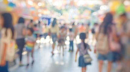 A hazy snapshot of the lively atmosphere at the school fair filled with laughter and chatter.