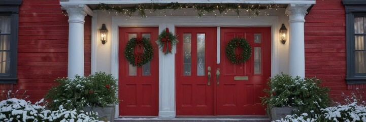 Fototapeta premium Snowflakes gently falling around a decorated house with a red door and a wreath on the front gate, winter wonderland, winter scenery