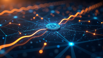 A blockchain network showcasing floating digital coins, glowing chains, and smart contracts, representing decentralized data systems