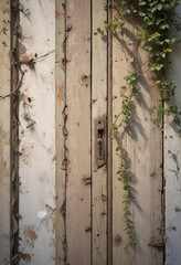 Faded, cracked paint on an old, wooden door with vines growing through the cracks, decayed facades, aged architecture, worn doors