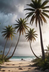 Obraz premium Storm-battered palm trees leaning against each other, wind-worn tree , twisted trunks, stormy skies