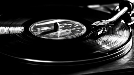 Black and white close-up of vinyl record spinning on turntable