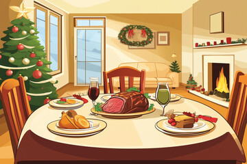 Obraz premium Illustration of warm christmas dinner feast 