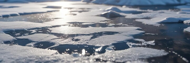 Obraz premium Cracked ice on a frozen puddle reflecting sunlight and creating a sense of peace and tranquility in the winter wonderland, frozen puddle background, cracked ice pattern