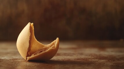 Close-up of broken fortune cookie on rustic surface