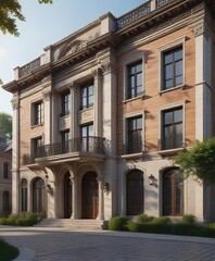 Naklejka premium Luxury mansion with numerous windows and shutters, library, stone fireplace