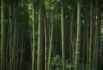 Fototapeta premium Dense thicket of bamboo with a few stalks leaning in towards the viewer , leaning stalks, bamboo, rustic charm