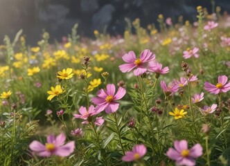 Obraz premium Soft petals of pink and yellow wildflowers swaying gently in the breeze , mountains, lake, greenery
