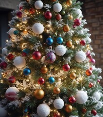 A snow-covered pine Christmas tree is adorned with colorful ornaments and garlands, colorful ornaments, evergreen trees, ornaments