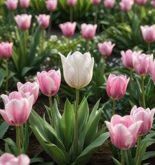 Fototapeta premium Pink and white tulip blooms nestled among lush green foliage, , garden path, pink tulips