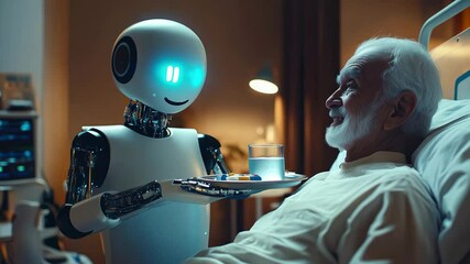 A companion robot is actively assisting an elderly patient in a hospital room
