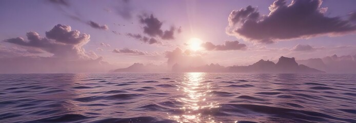 Gentle breeze ruffles the surface of a serene sea as sunbeams pierce through a misty purple sky, wave, purple