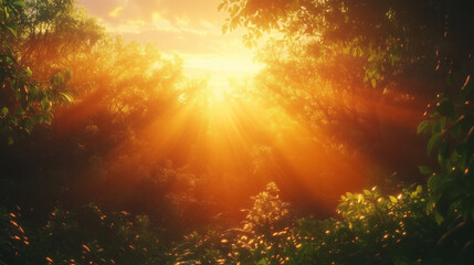 Fototapeta premium a lush forest at dawn, with light mist and rays of sunlight penetrating between the trees, generative ai