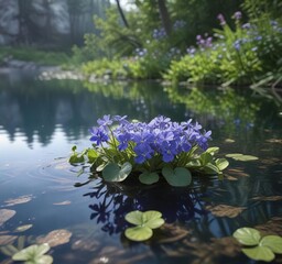 Serene blue violets rise from the surface of a peaceful lake, abstract art, artistic bubble formation, watery texture
