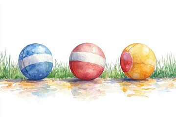 Obraz premium Three colorful balls on a grassy surface, showcasing a playful and vibrant scene.
