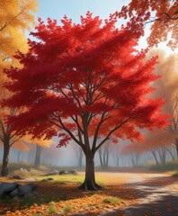Maple maidenhair tree in autumn with vibrant red leaves, maidenhair, maple, fall colors