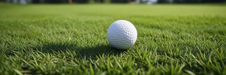 Obraz premium golf ball landing on a green grassy surface with a few blades of grass surrounding it, field, green lawn, ball