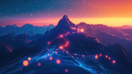 Fototapeta premium Glowing constellation path winds up a majestic mountain peak under a starry twilight sky.