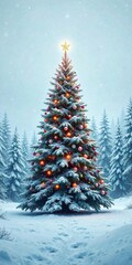 Obraz premium A charming winter scene featuring a decorated Christmas tree and snow-covered forest, peaceful atmosphere,