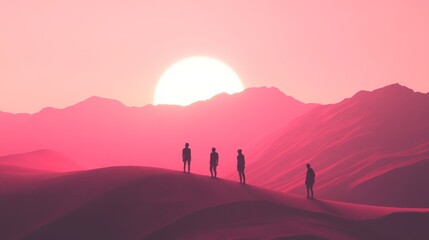 Fototapeta premium Silhouettes against a vibrant sunset backdrop.