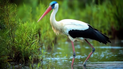 Fototapeta premium A white and black stork bird with a vibrant blue head and red beak wading in shallow water among green plants.