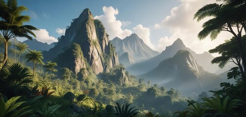 Lush jungle in front of a majestic mountain peak, creepers, trees