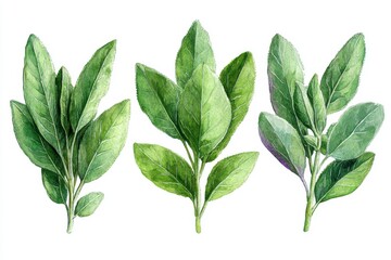 Obraz premium Three varieties of green leaves illustrated for botanical reference.