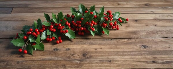 Fototapeta premium A sprig of holly with bright red berries and green leaves placed on a rustic wooden table, seasonal decoration, evergreen branch, holly garland