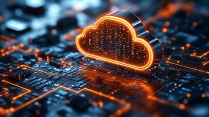 Cloud analytics concept visualized through an abstract 3D design with interconnected digital elements symbolizing data flow, processing, and cloud computing innovation in a futuristic tech landscape