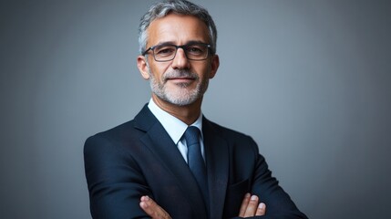 A confident middle-aged man in a suit, posing with arms crossed against a neutral background.