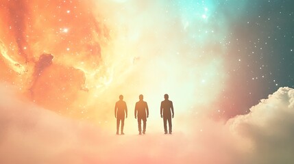 Three figures in a colorful cosmic landscape.