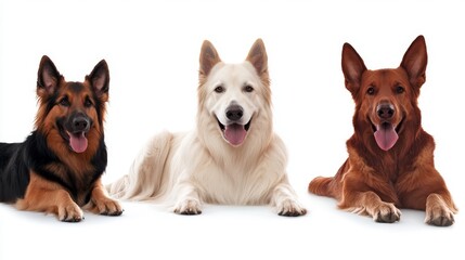 Fototapeta premium Three friendly dogs laying down happily.