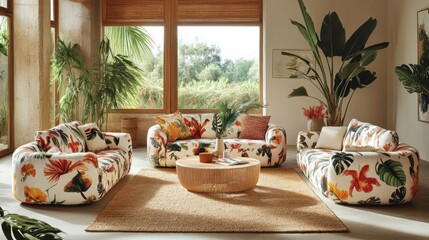 Fototapeta premium Tropical living room with floral patterned sofas, large windows, and plants.
