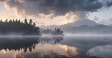 Fototapeta premium Morning fog rolling across a serene lake with wispy clouds and lightning in the distance, light show, nature scene, misty atmosphere