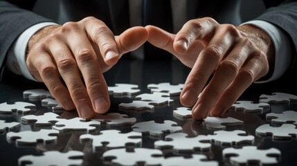 Naklejka premium Businessman carefully fitting puzzle pieces on a table.