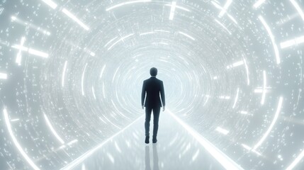 A person walking through a digital tunnel.