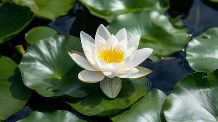 A serene water lily blooms amidst lush green leaves on a tranquil water surface.