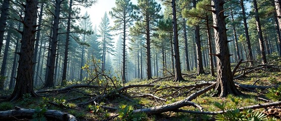 Fototapeta premium pine trunks and branches tangled in a forest clearing, rustic landscape, leaf litter, autumn foliage