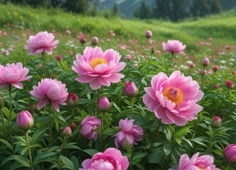 Pink peony flowers are scattered across a lush green meadow amidst a backdrop of blooming wildflowers, flowers, peony