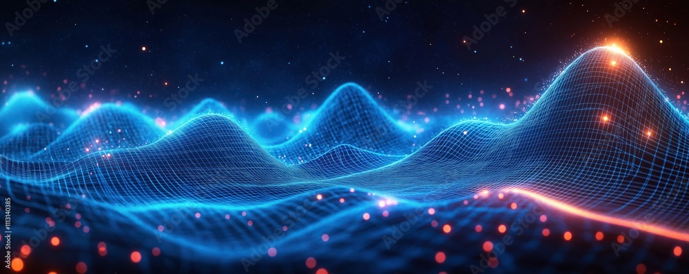 Poster abstract digital wave pattern. network grid effect and glowing points. shows data flow or tech futur