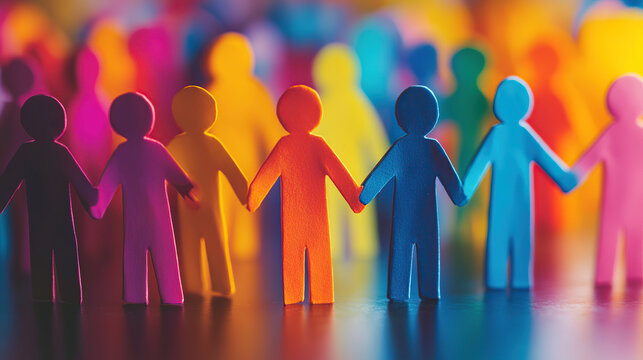 Colorful paper people holding hands in the shape of an abstract human silhouette on a colorful background