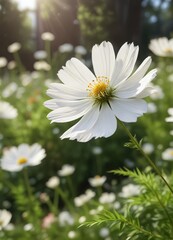 Fototapeta premium Serene image of a white cosmos flower gently swaying in the breeze against a blurred garden, serene, image, breeze