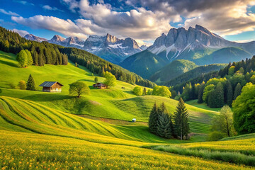 Sunrise over idyllic green valley with houses and majestic mountains.